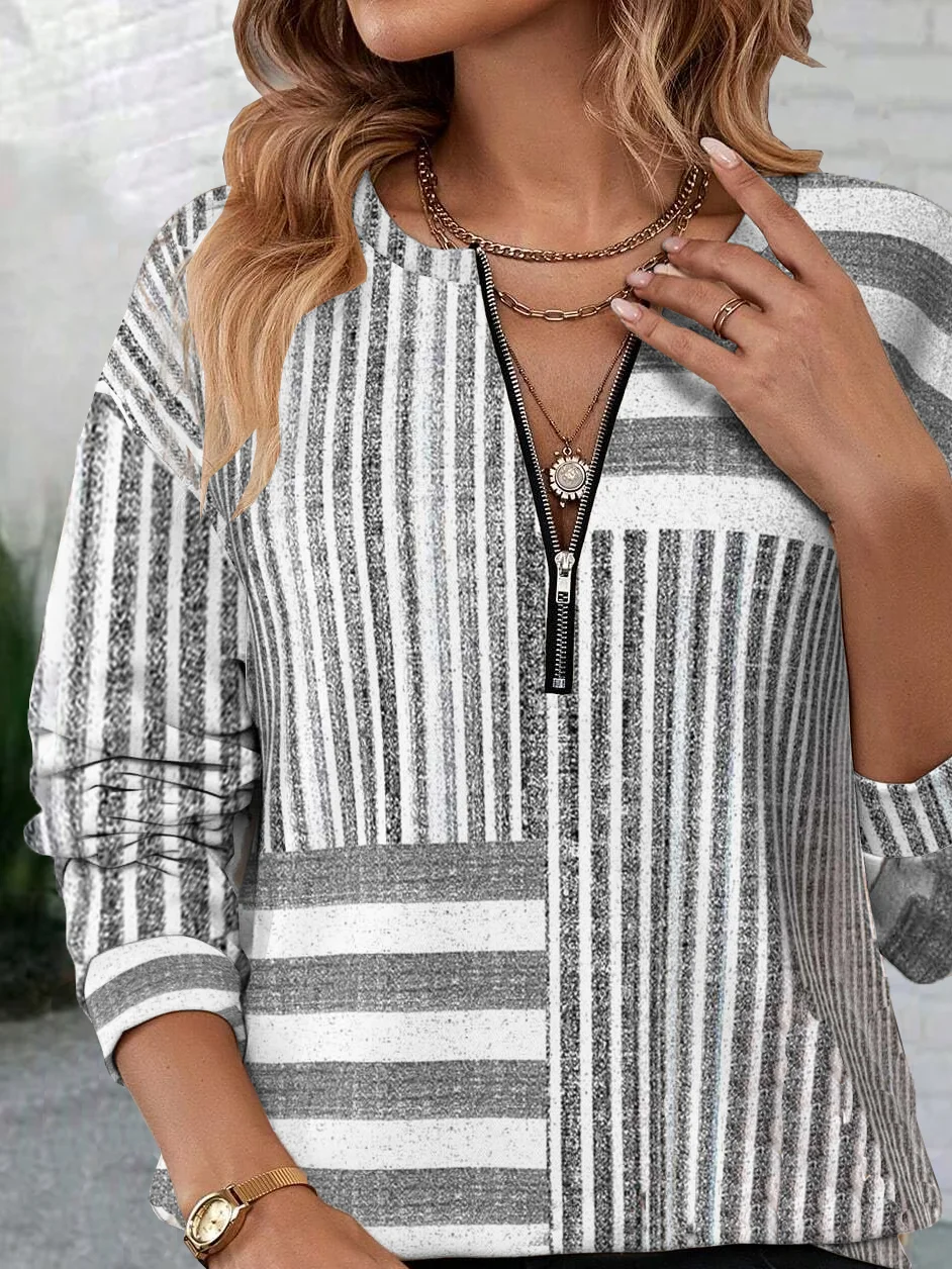 Casual Crew Neck Abstract Stripes Sweatshirt