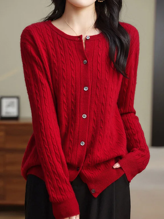 Women Wool/Knitting Plain Long Sleeve Comfy Casual Buckle Cardigan