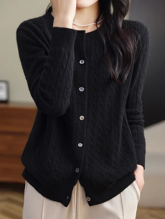 Women Wool/Knitting Plain Long Sleeve Comfy Casual Buckle Cardigan