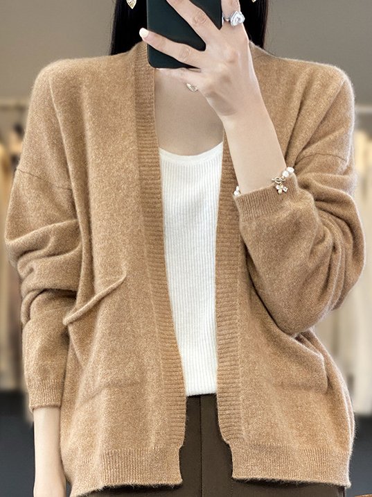 Women Wool/Knitting Plain Long Sleeve Comfy Casual Pocket Stitching Cardigan