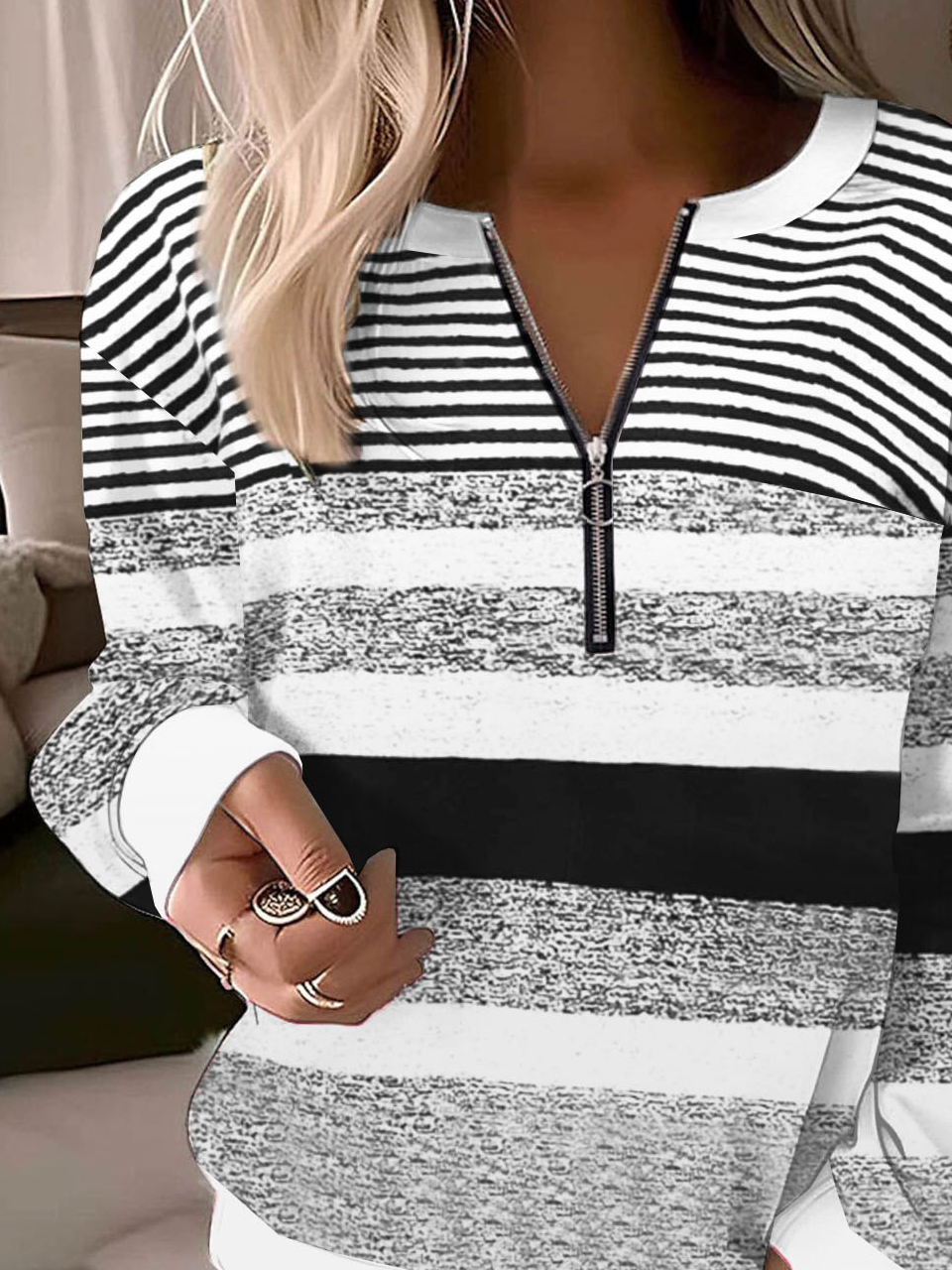 Casual Crew Neck Striped Sweatshirt Zipper