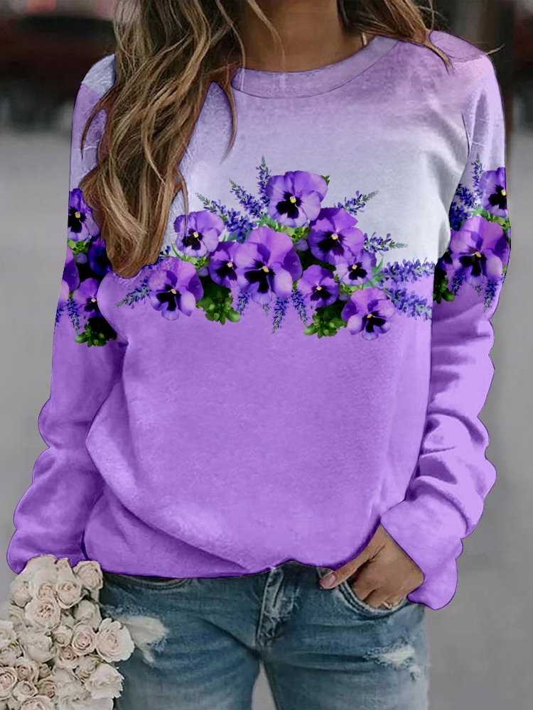 Casual Crew Neck Purple Floral Sweatshirt