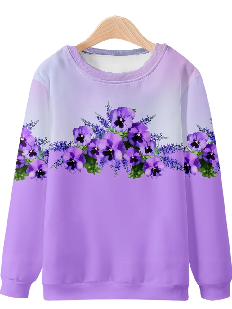 Casual Crew Neck Purple Floral Sweatshirt