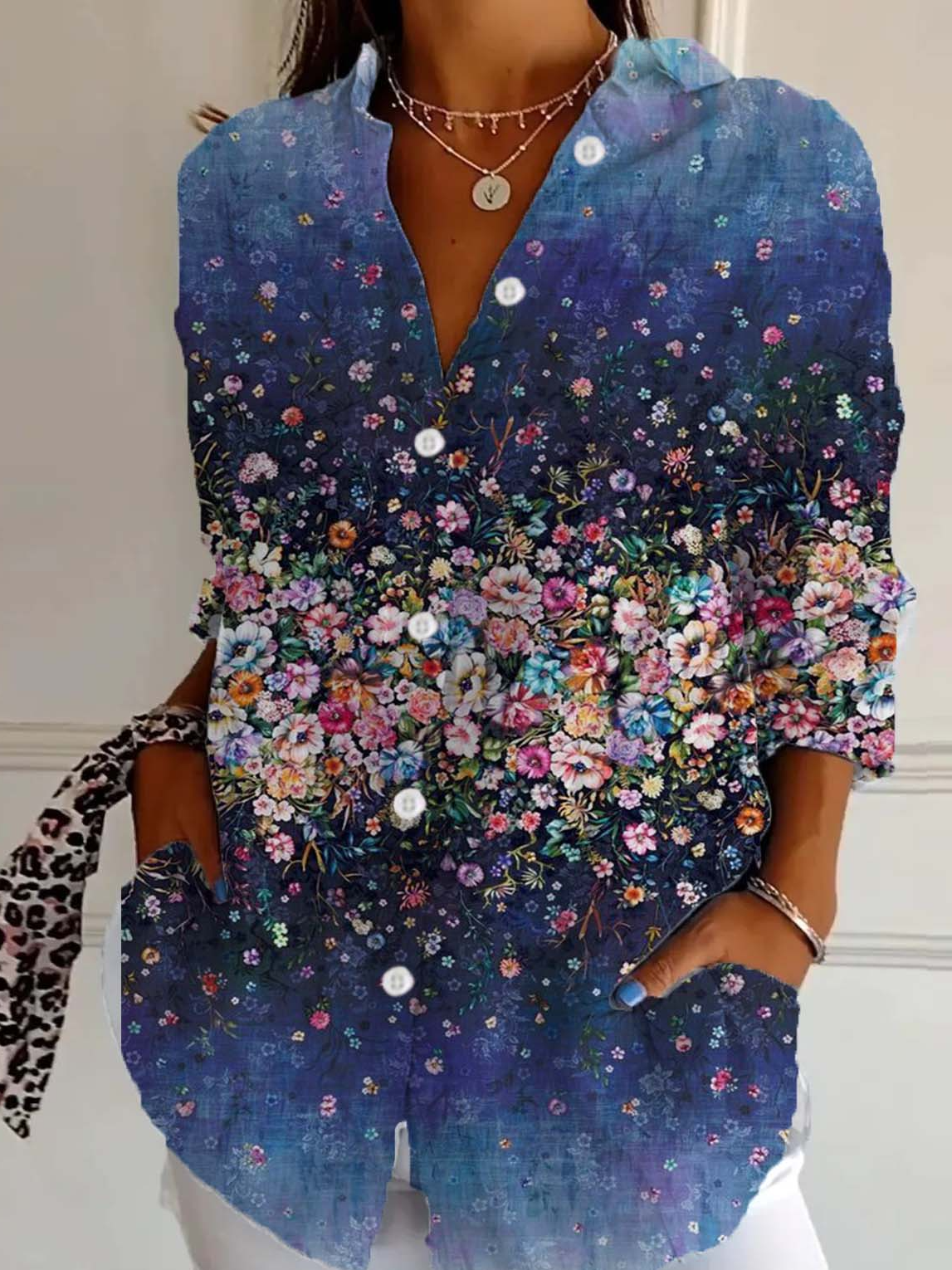 Shirt Collar Long Sleeve Floral Lightweight Regular Fit Shirt For Women