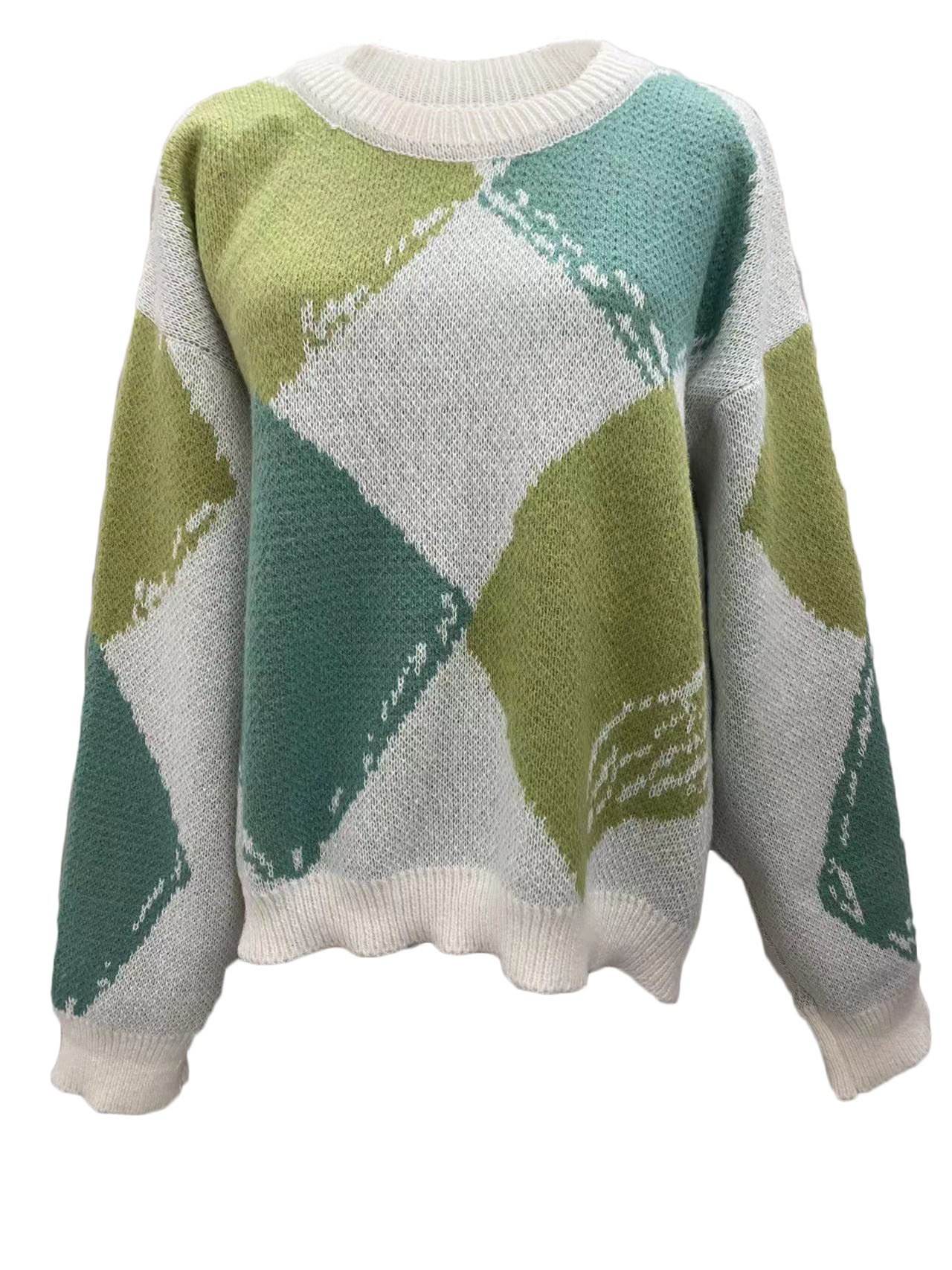 Women Yarn/Wool Yarn Geometric Long Sleeve Comfy Casual Sweater