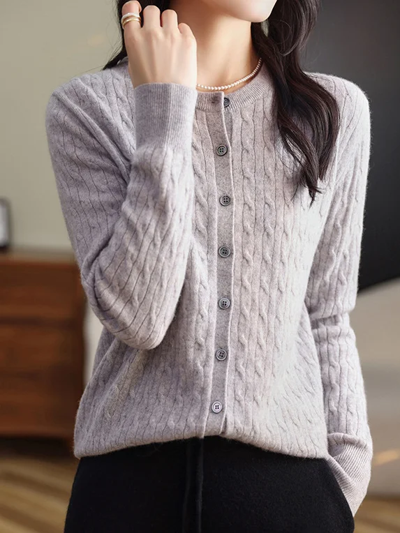 Women Wool/Knitting Plain Long Sleeve Comfy Casual Buckle Cardigan