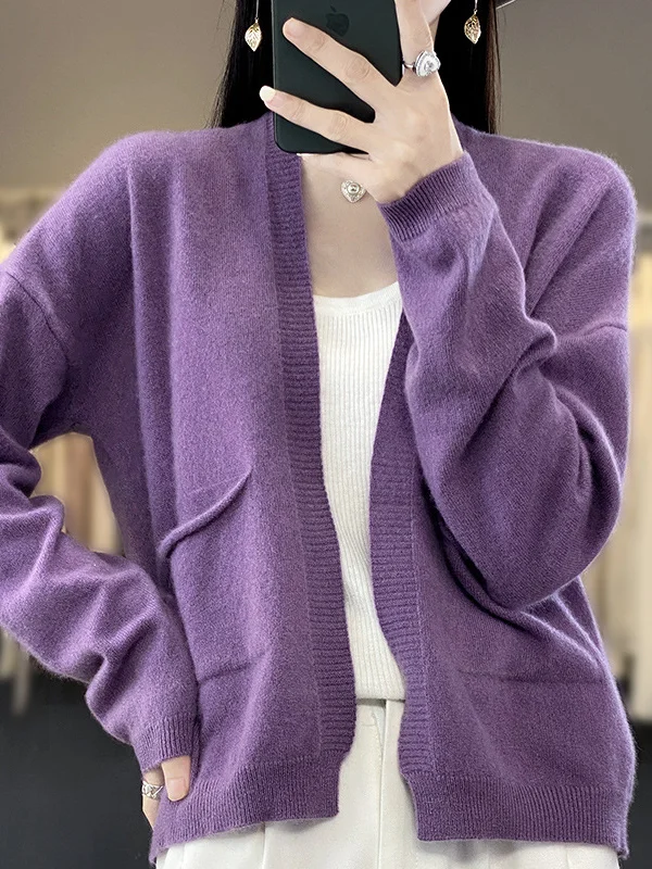 Women Wool/Knitting Plain Long Sleeve Comfy Casual Pocket Stitching Cardigan