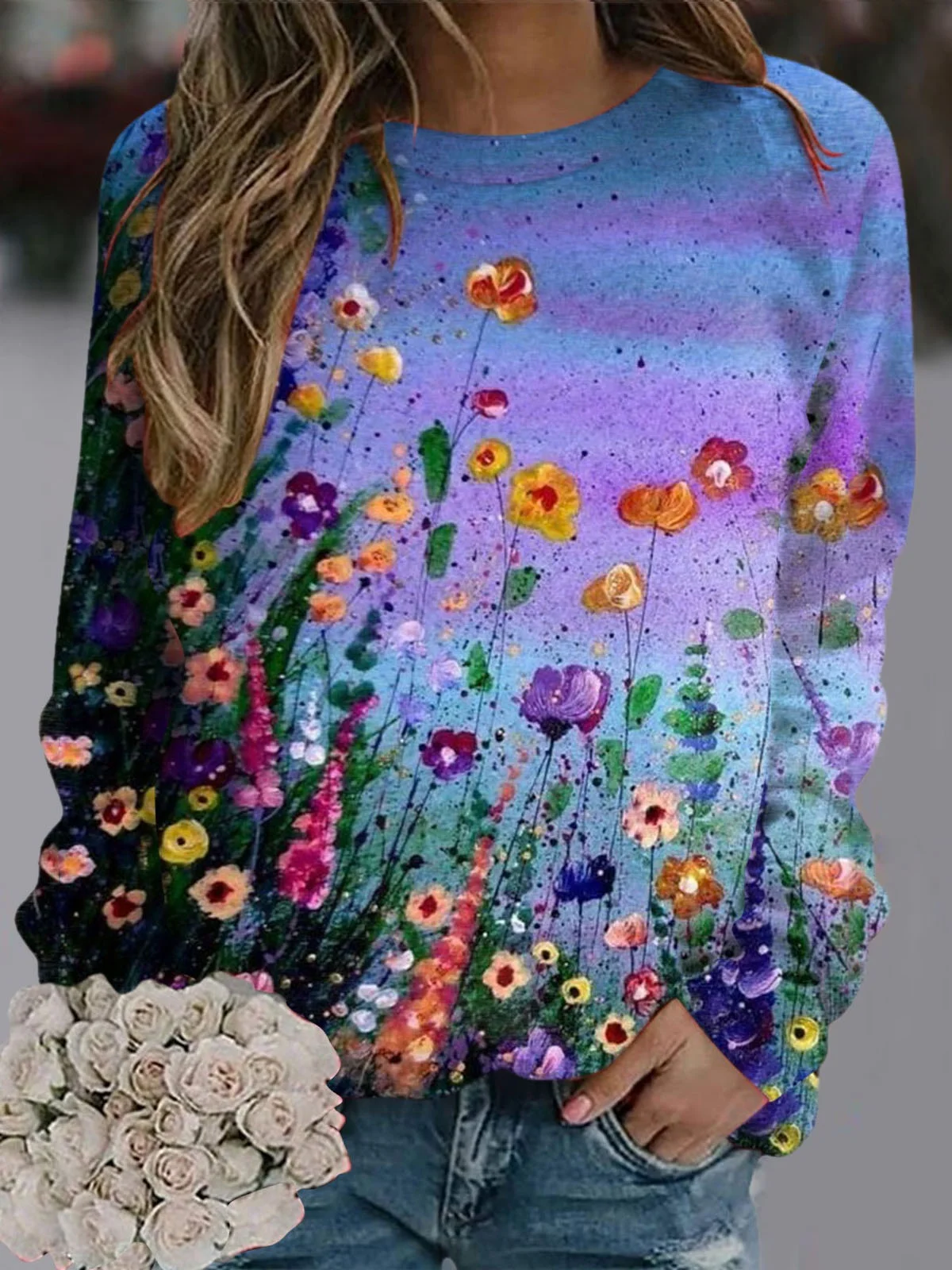 Casual Crew Neck Floral Sweatshirt