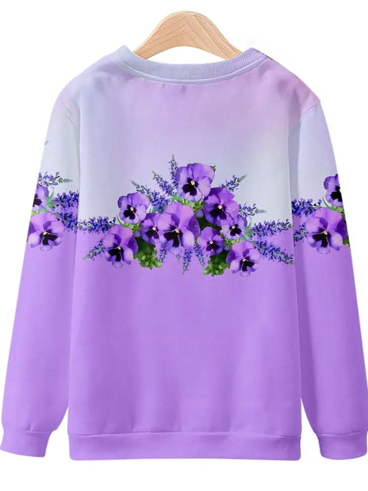 Casual Crew Neck Purple Floral Sweatshirt