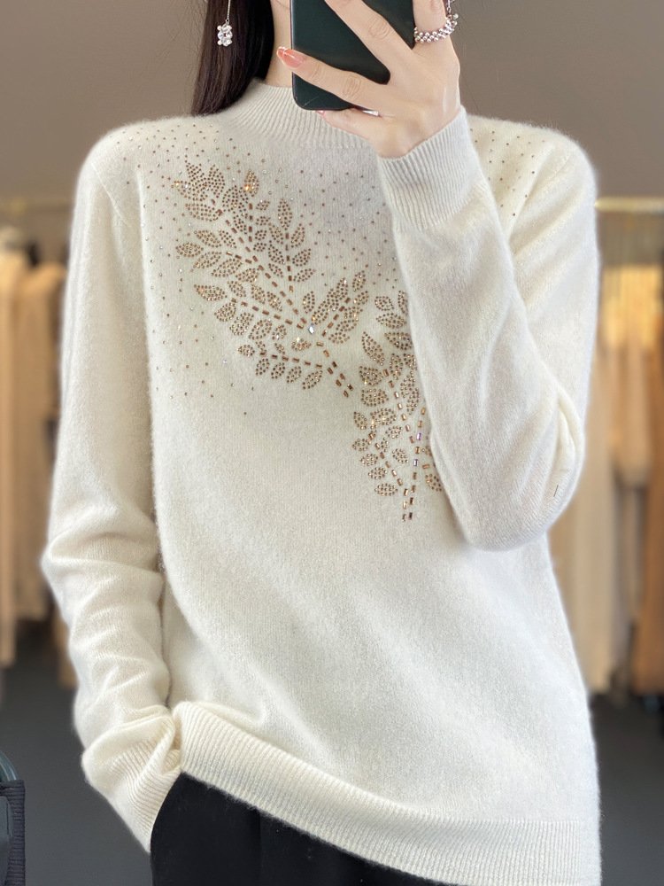 Women Wool/Knitting Plain Long Sleeve Comfy Casual Hot Drilling Sweater