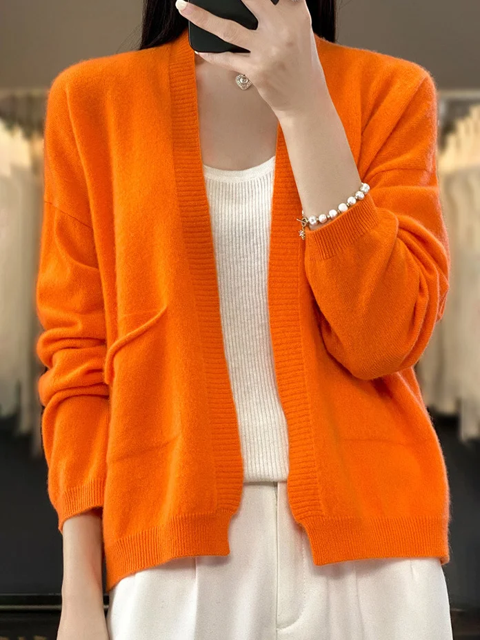 Women Wool/Knitting Plain Long Sleeve Comfy Casual Pocket Stitching Cardigan