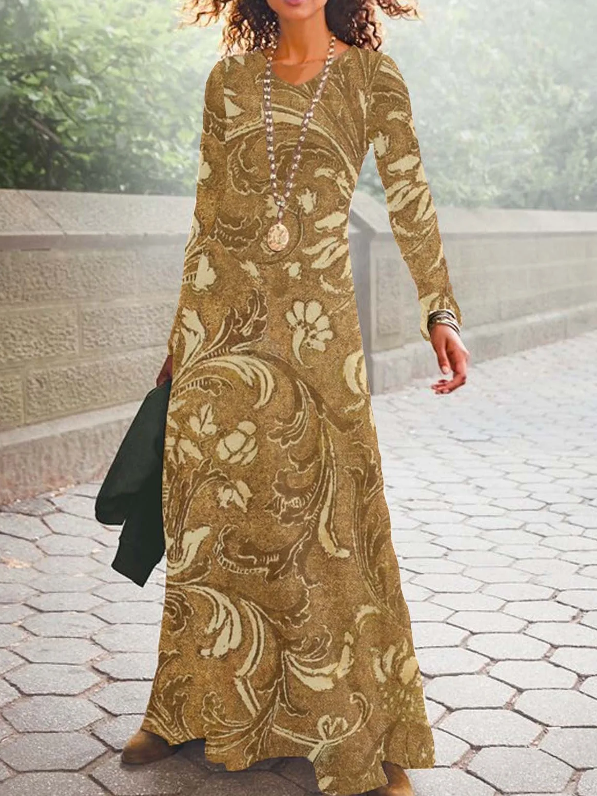 Women Floral V Neck Long Sleeve Comfy Casual Maxi Dress