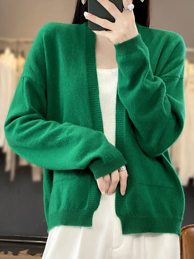 Women Wool/Knitting Plain Long Sleeve Comfy Casual Pocket Stitching Cardigan