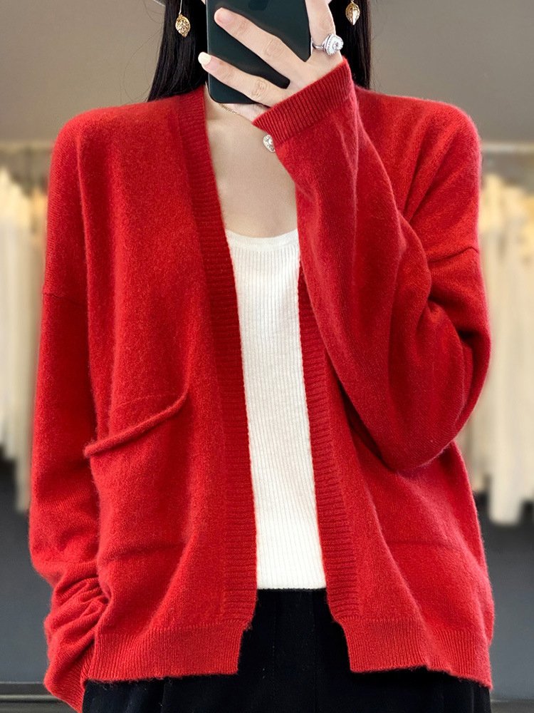 Women Wool/Knitting Plain Long Sleeve Comfy Casual Pocket Stitching Cardigan