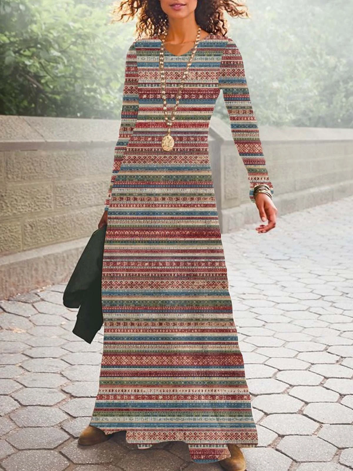 Women Striped V Neck Long Sleeve Comfy Casual Maxi Dress