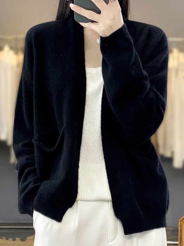 Women Wool/Knitting Plain Long Sleeve Comfy Casual Pocket Stitching Cardigan