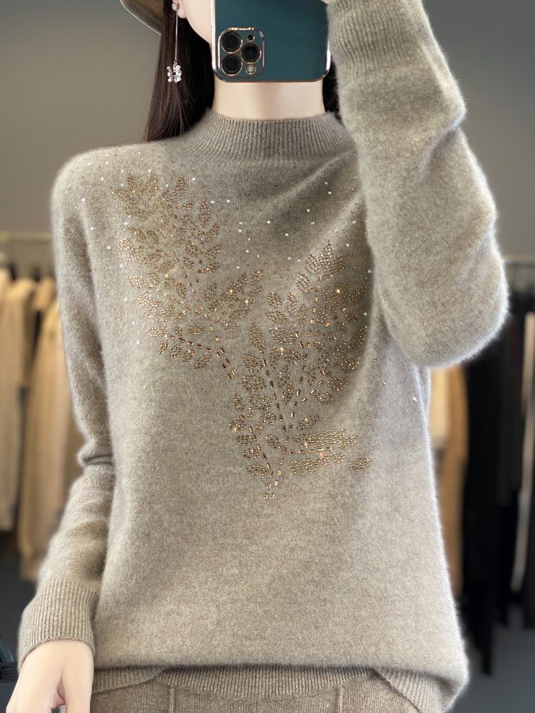 Women Wool/Knitting Plain Long Sleeve Comfy Casual Hot Drilling Sweater