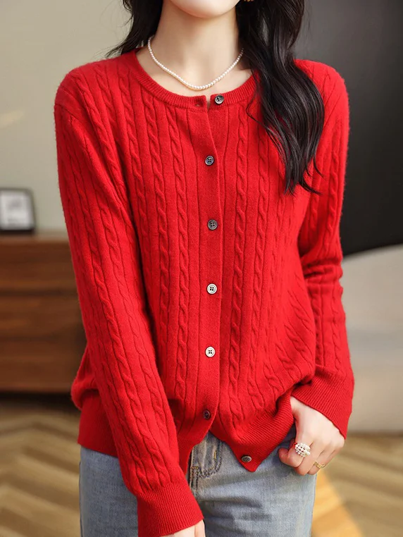 Women Wool/Knitting Plain Long Sleeve Comfy Casual Buckle Cardigan