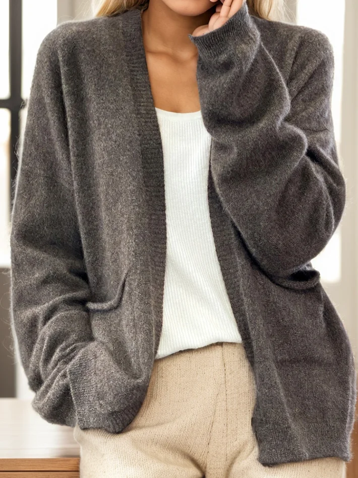 Women Wool/Knitting Plain Long Sleeve Comfy Casual Pocket Stitching Cardigan