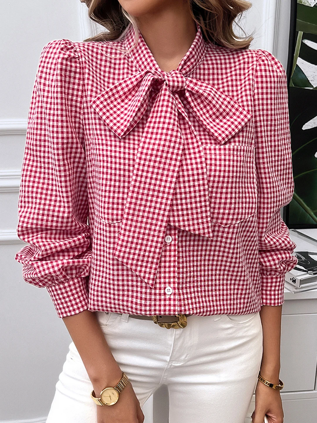 Shirt Collar Long Sleeve Plaid Bow Regular Loose Shirt For Women