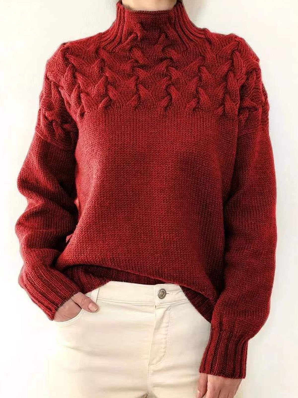 Women Yarn/Wool Yarn Plain Long Sleeve Comfy Casual Sweater