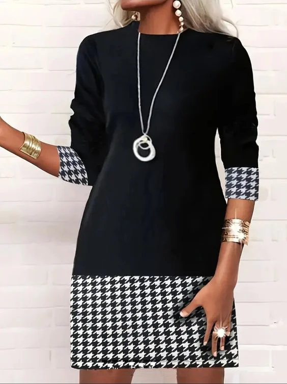 Women Houndstooth Long Sleeve Comfy Casual Mini Dress