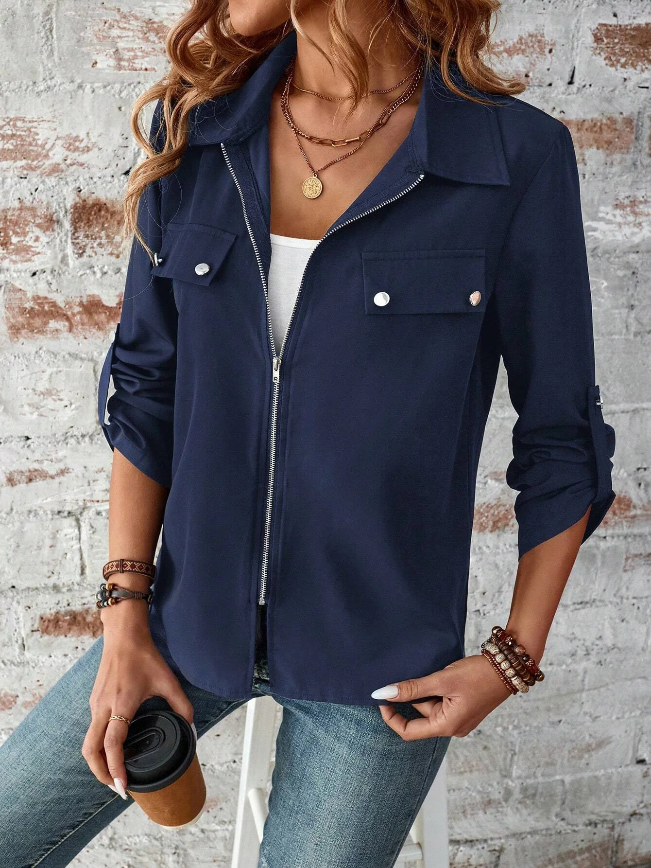 Women's Plain Zipper Thicken Loose Jacket