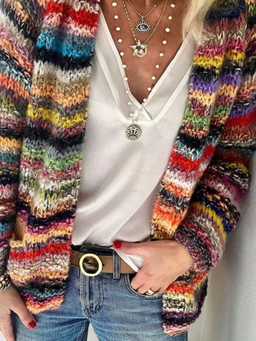 Women Yarn/Wool Yarn Multicolor Block Long Sleeve Comfy Casual Cardigan