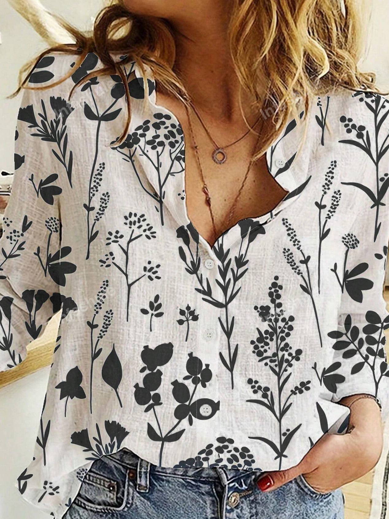 Shirt Collar Long Sleeve Floral Lightweight Regular Fit Shirt For Women