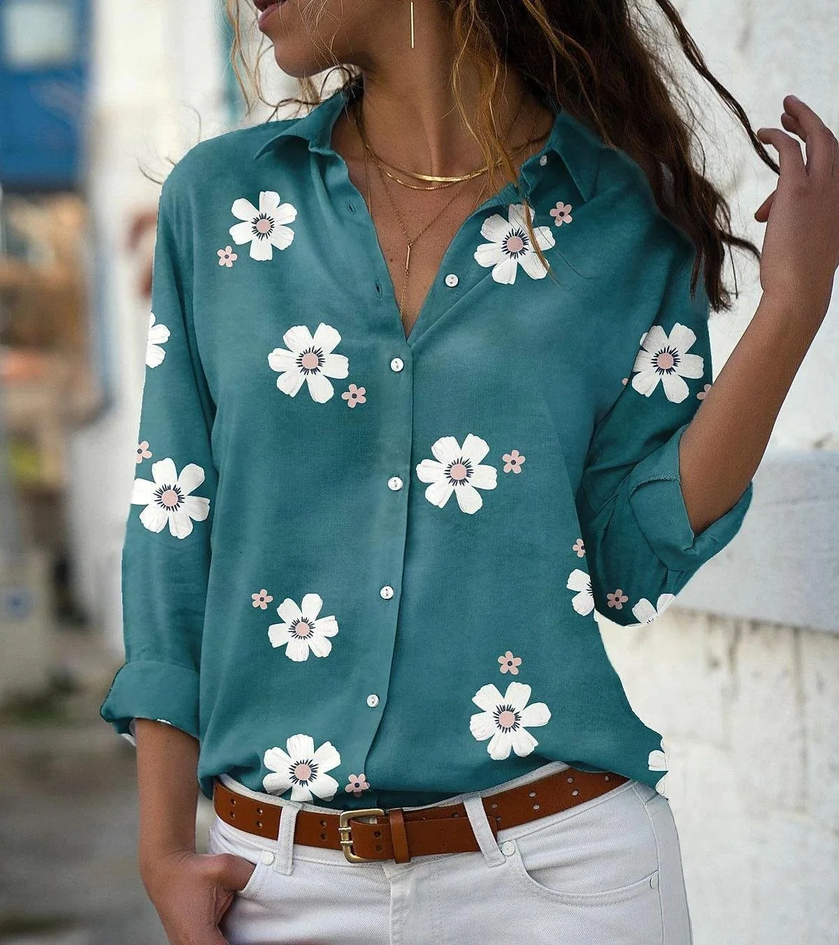 Shirt Collar Long Sleeve Floral Regular Loose Shirt For Women