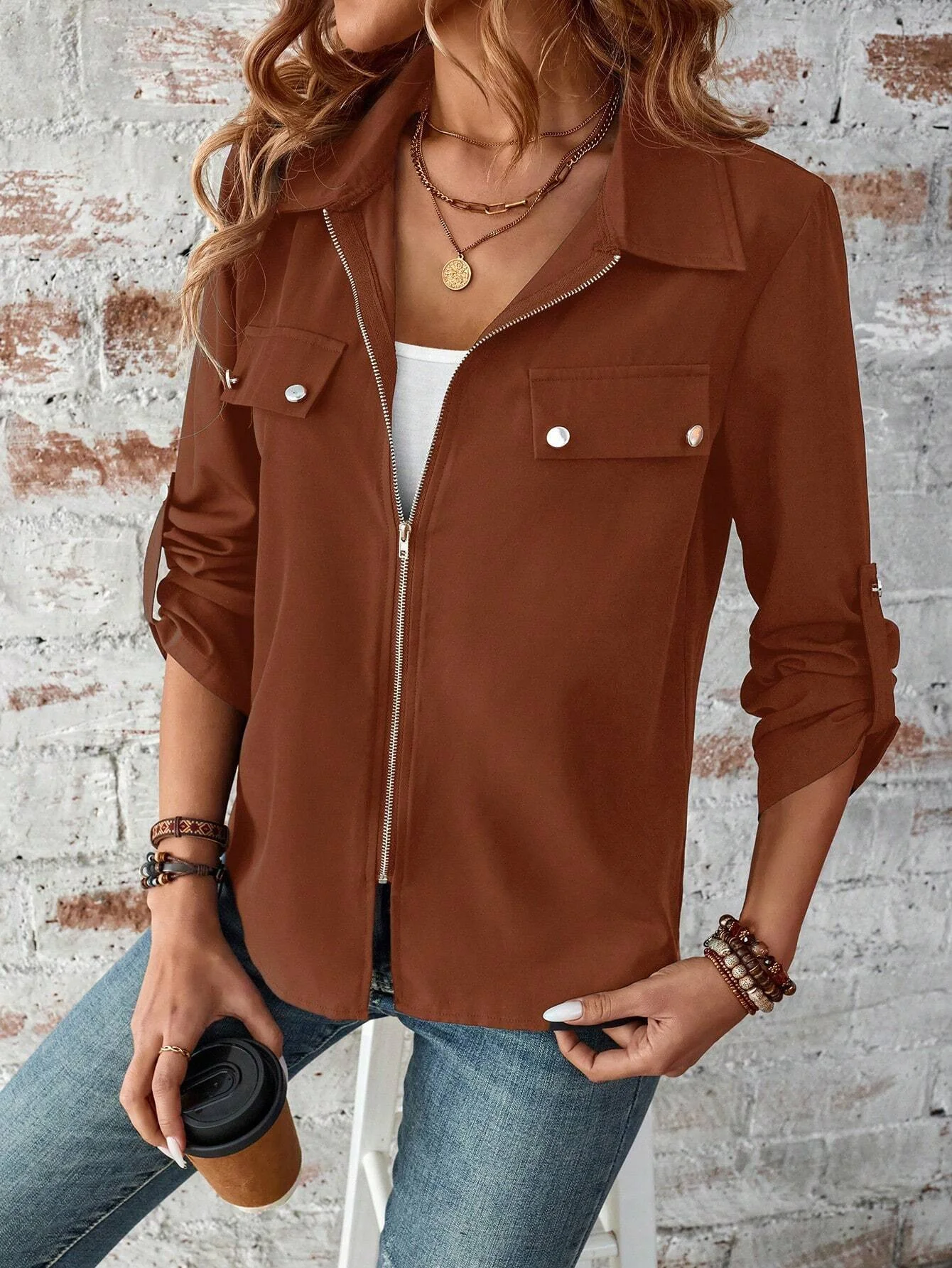 Women's Plain Zipper Thicken Loose Jacket