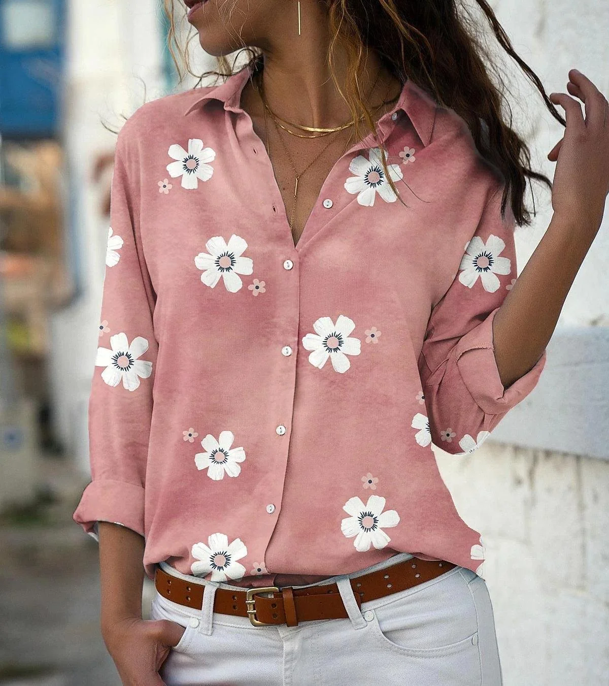 Shirt Collar Long Sleeve Floral Regular Loose Shirt For Women