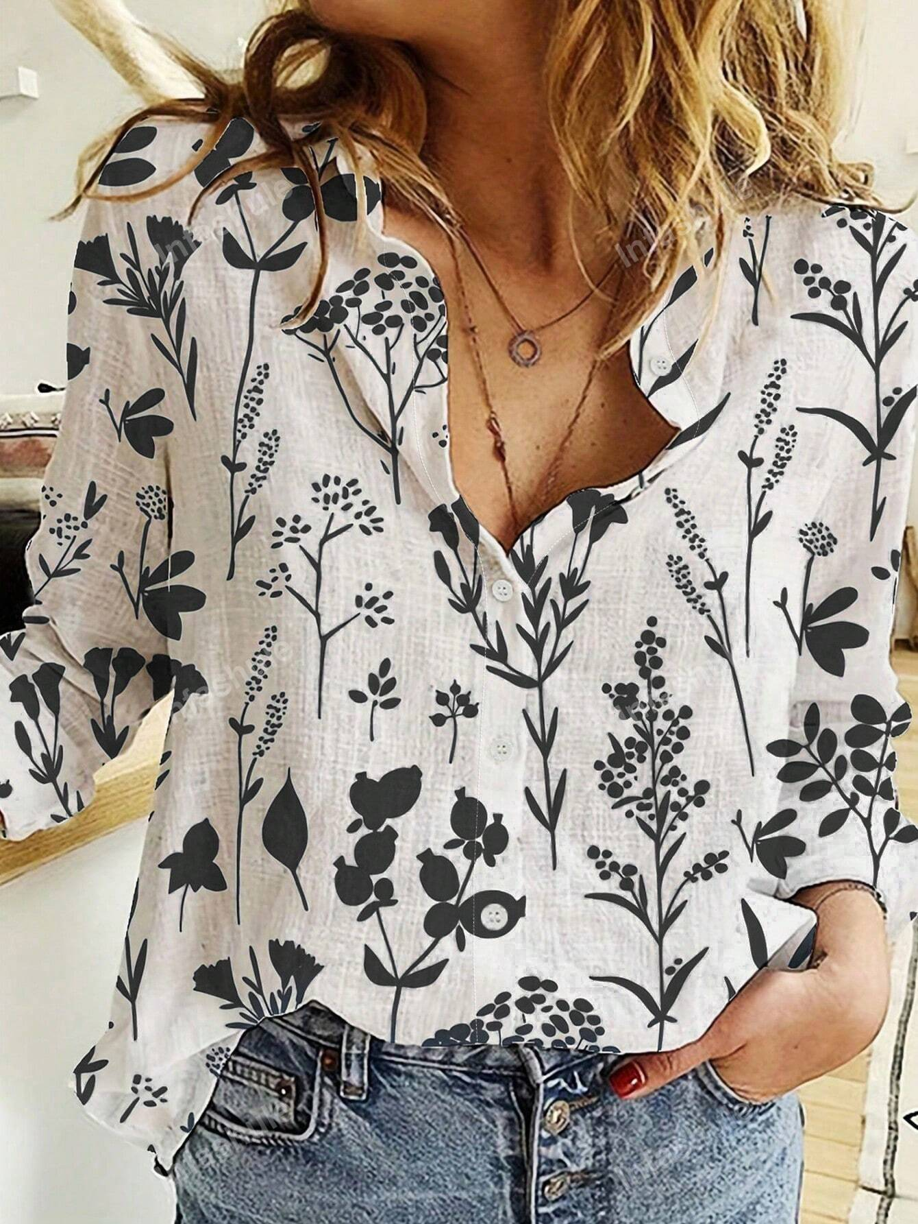 Shirt Collar Long Sleeve Floral Lightweight Regular Fit Shirt For Women