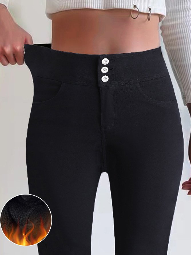 Casual Plain Buckle Fleece High Elasticity Long Leggings