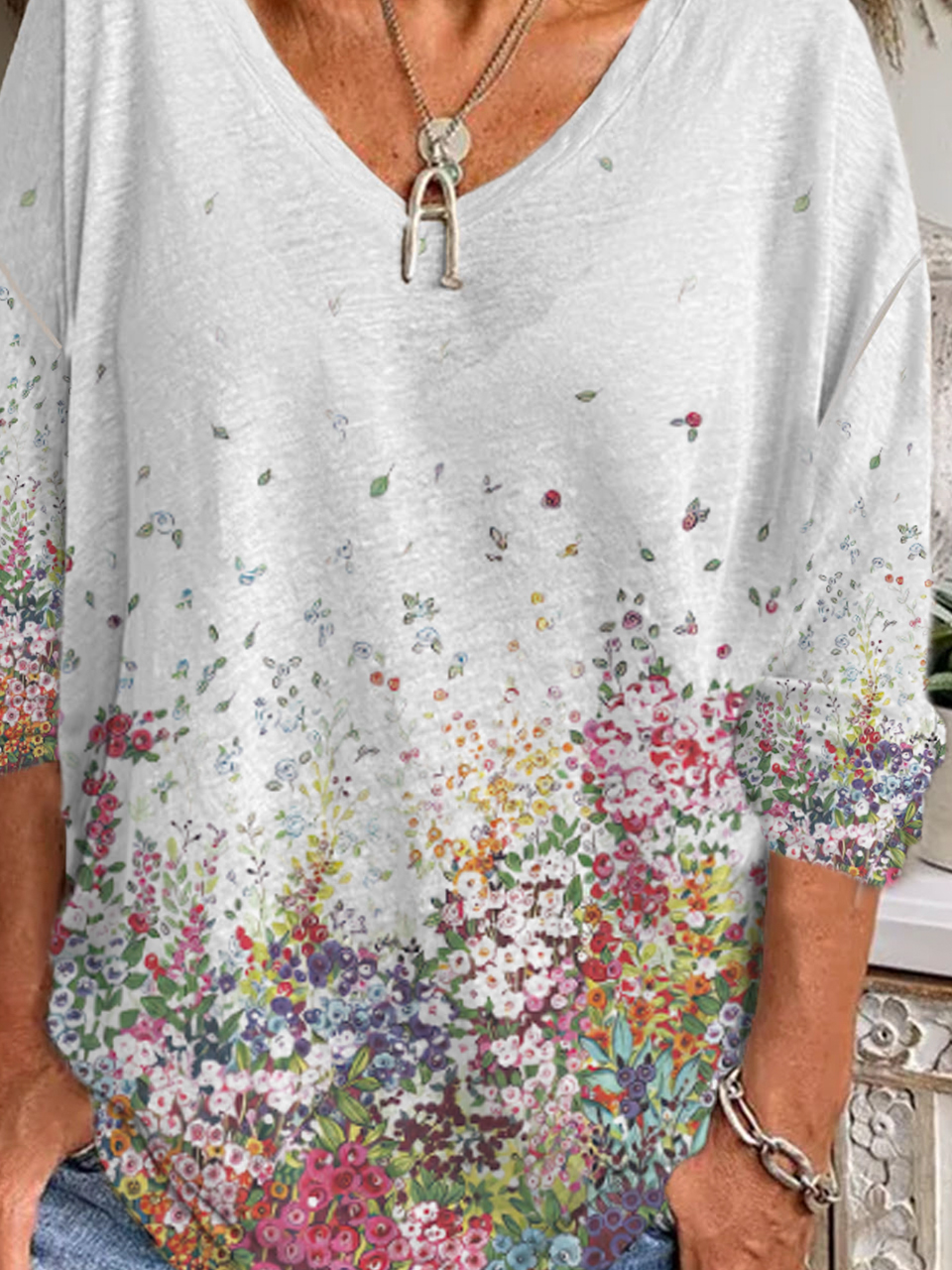 Casual Floral V Neck Long Sleeve T-shirt