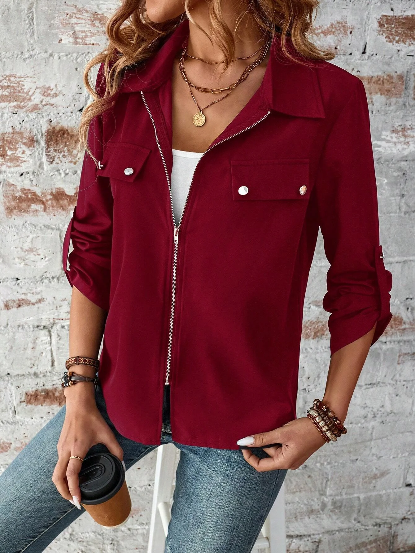 Women's Plain Zipper Thicken Loose Jacket