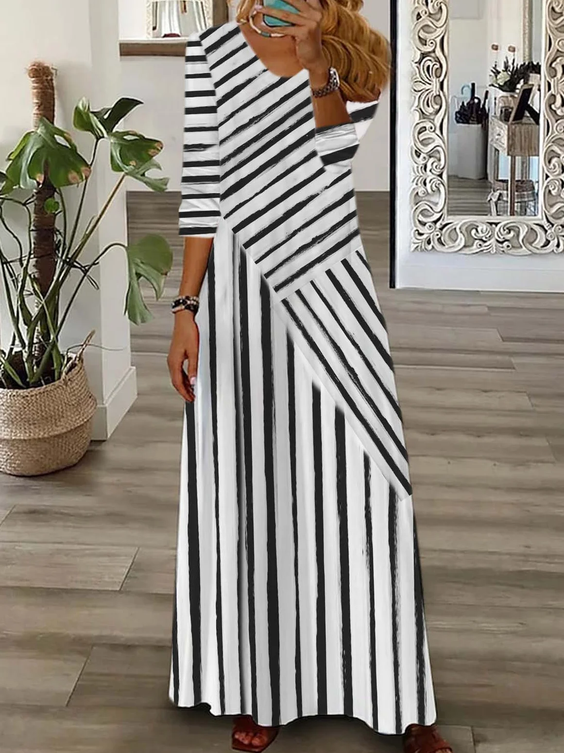 Women Striped V Neck Long Sleeve Comfy Casual Maxi Dress