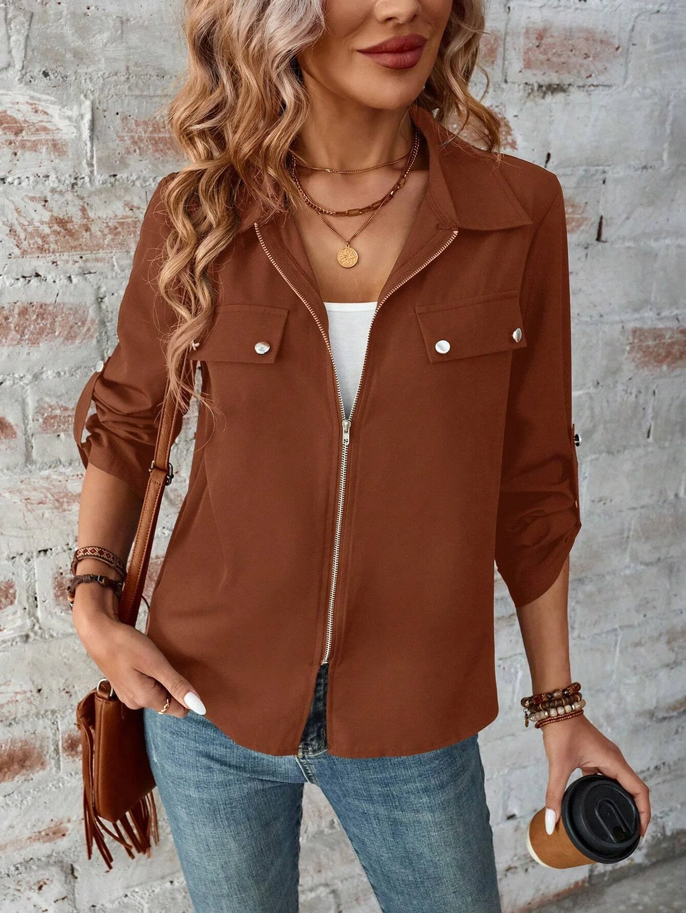 Women's Plain Zipper Thicken Loose Jacket