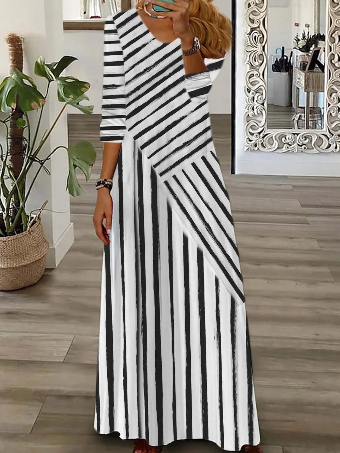 Women Striped V Neck Long Sleeve Comfy Casual Maxi Dress