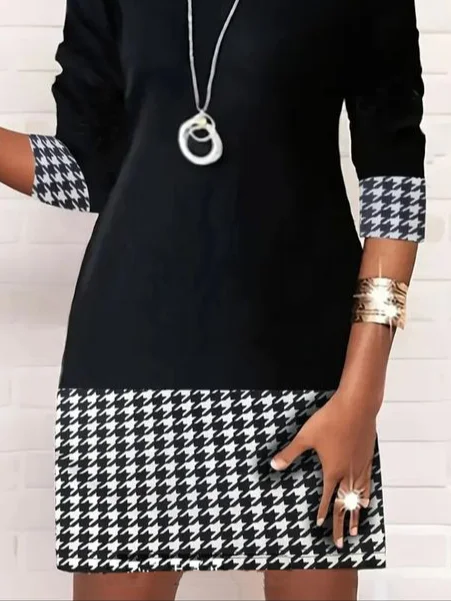 Women Houndstooth Long Sleeve Comfy Casual Mini Dress