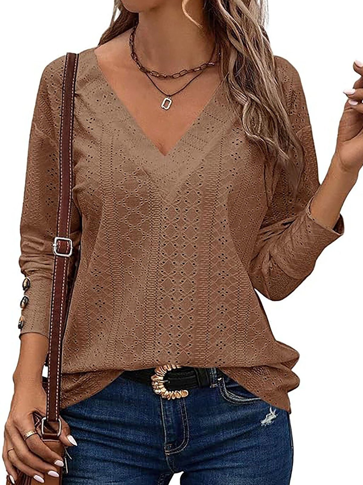 Casual Plain V Neck Long Sleeve T-shirt