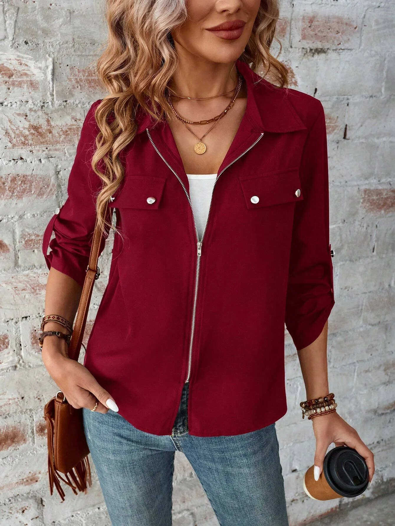 Women's Plain Zipper Thicken Loose Jacket