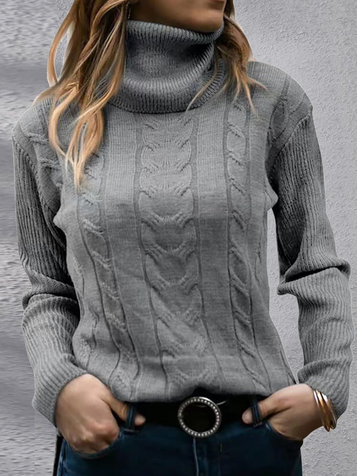 Women Yarn/Wool Yarn Plain Long Sleeve Comfy Casual Sweater