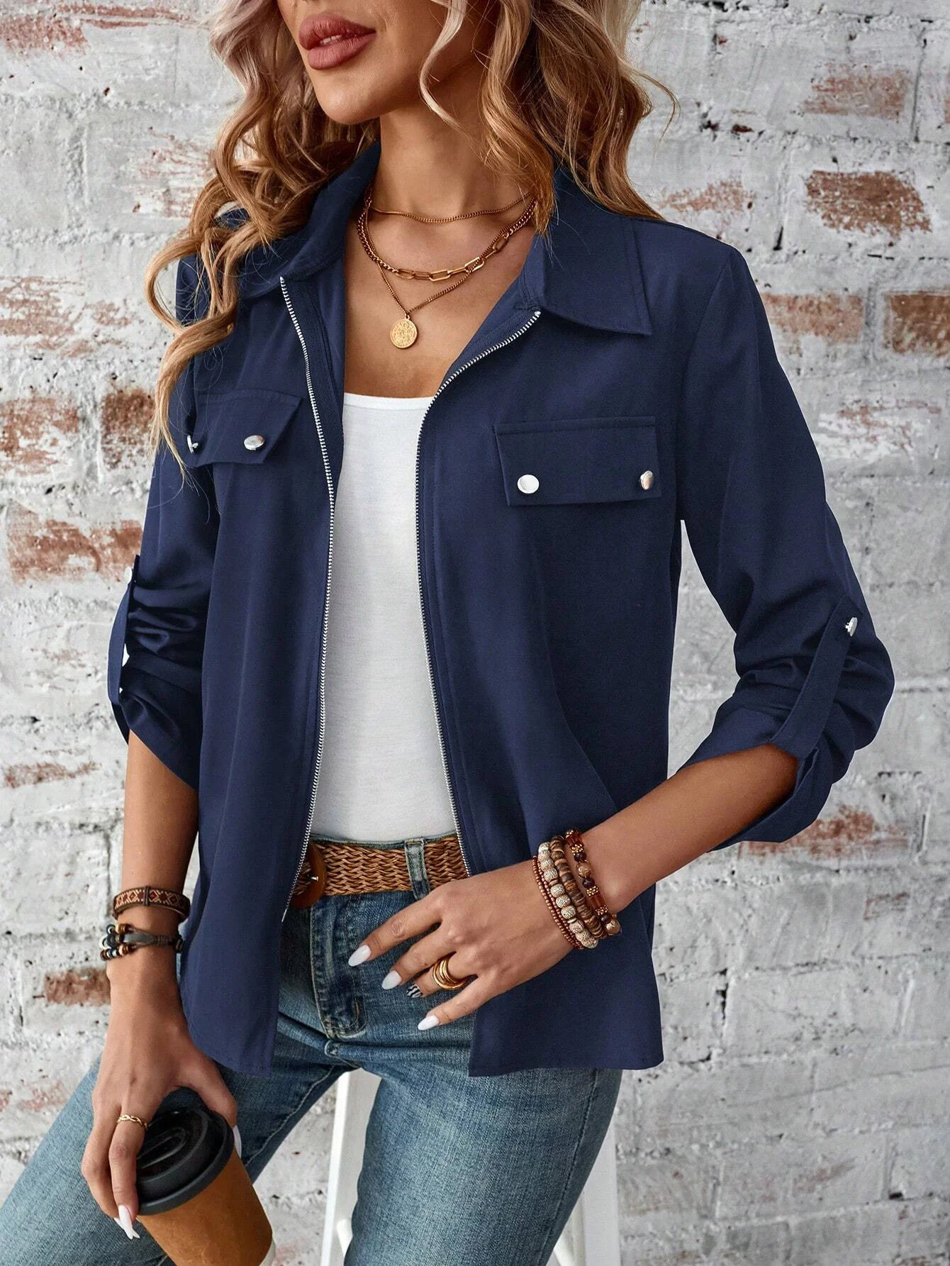 Women's Plain Zipper Thicken Loose Jacket