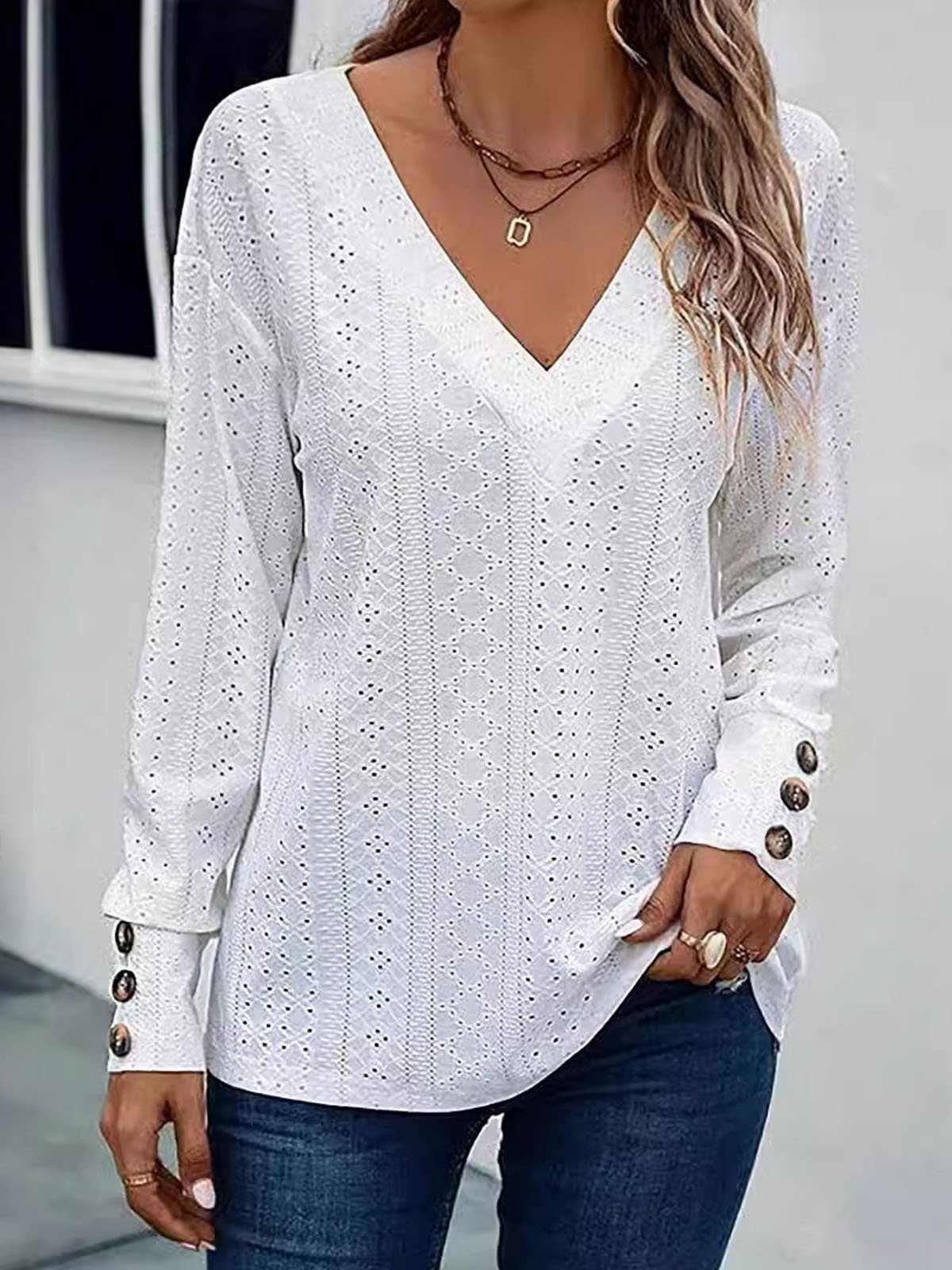 Casual Plain V Neck Long Sleeve T-shirt