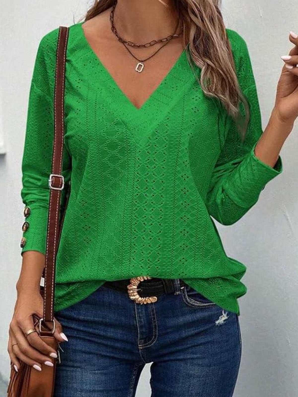 Casual Plain V Neck Long Sleeve T-shirt