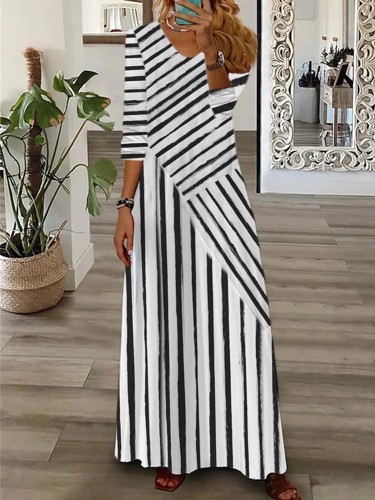 Women Striped V Neck Long Sleeve Comfy Casual Maxi Dress