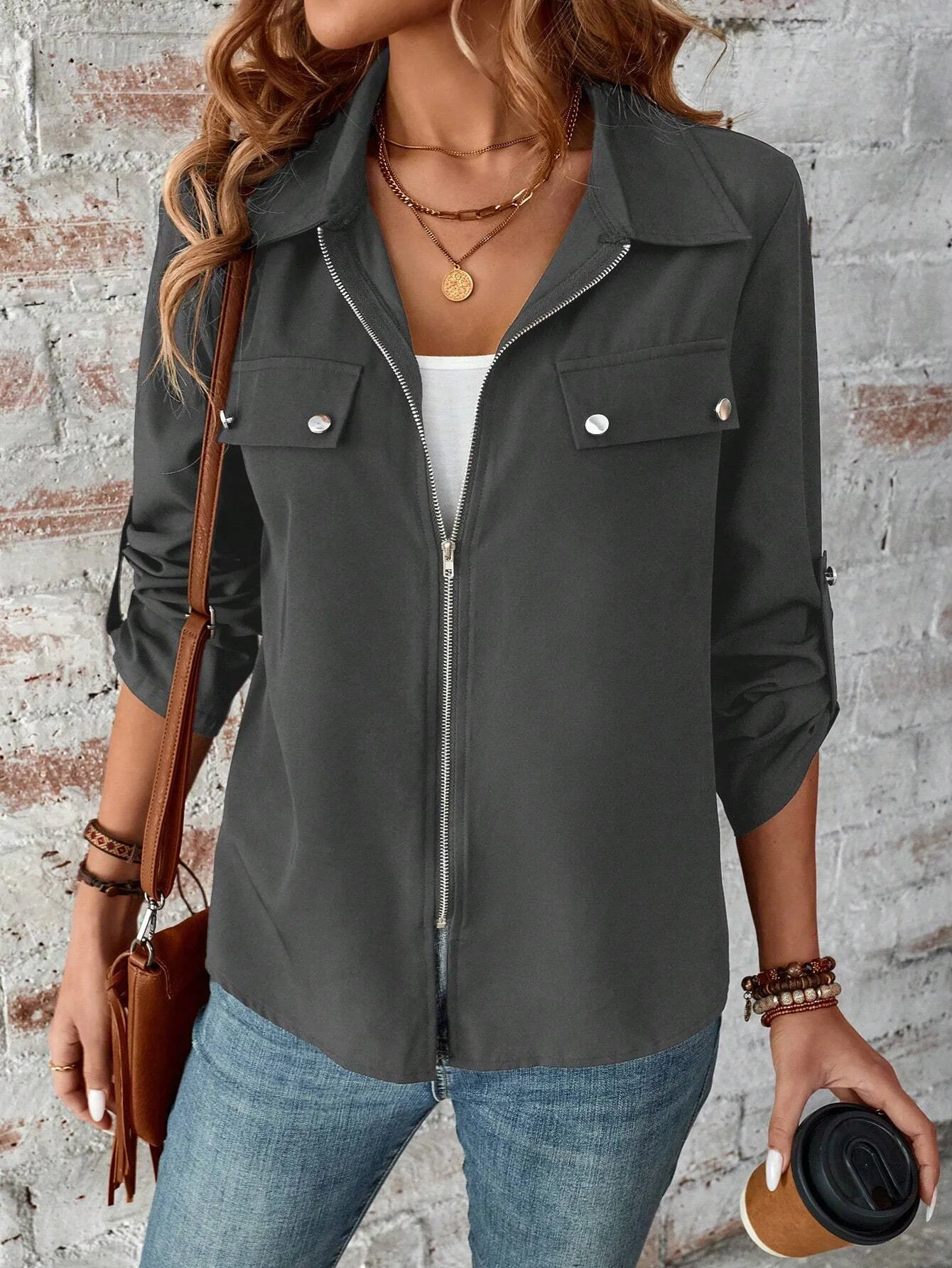 Women's Plain Zipper Thicken Loose Jacket