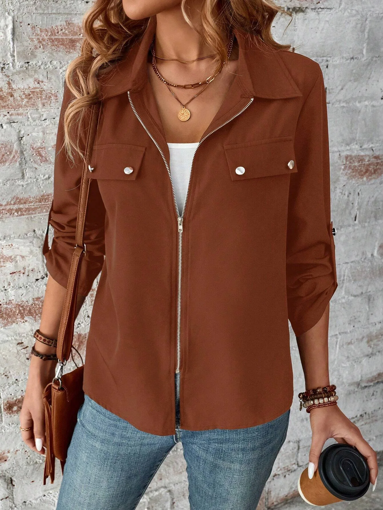 Women's Plain Zipper Thicken Loose Jacket