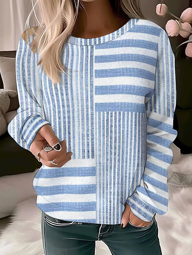 Vintage Crew Neck Striped Sweatshirt Printing